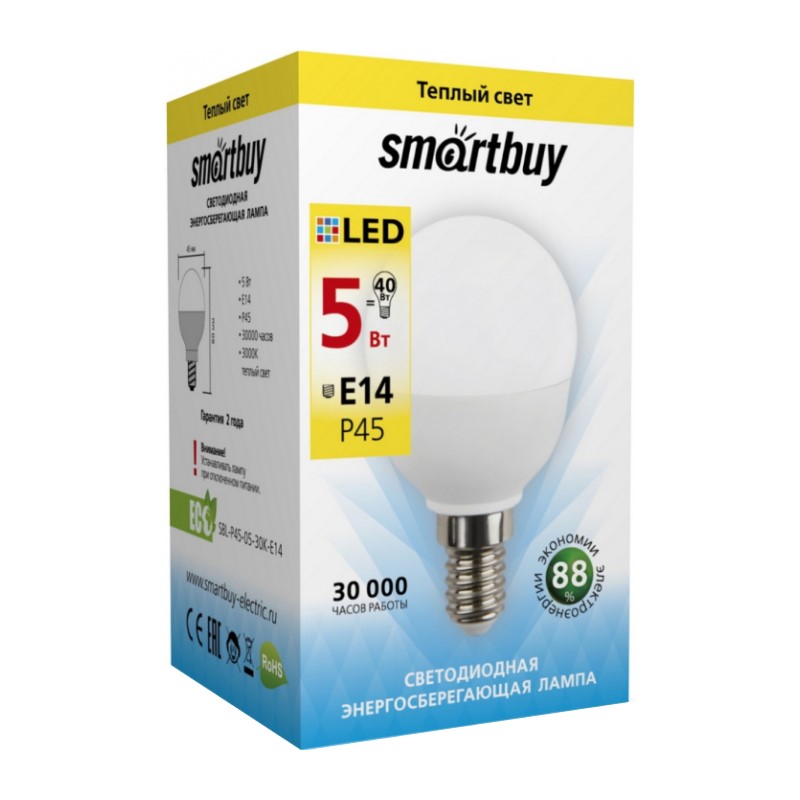 Лампа светодиодная Smartbuy LED E14, шар, 5Вт, 230В, 3000К, теплый свет