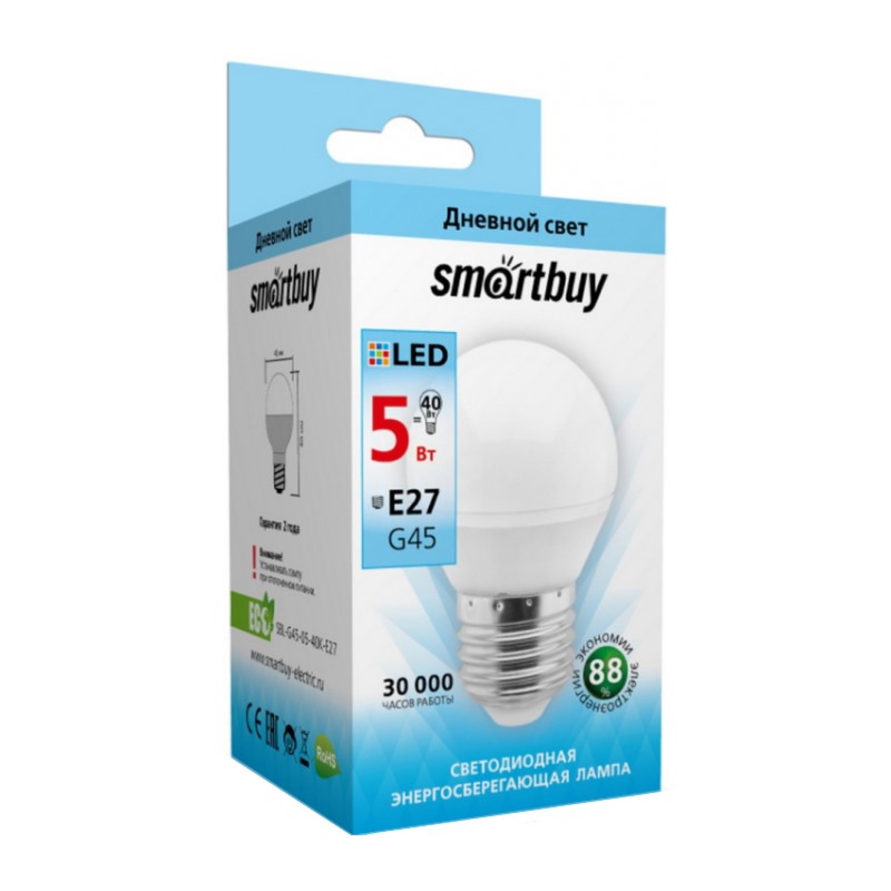 Лампа светодиодная Smartbuy LED E27, шар, 5Вт, 230В, 4000К, нейтральный свет