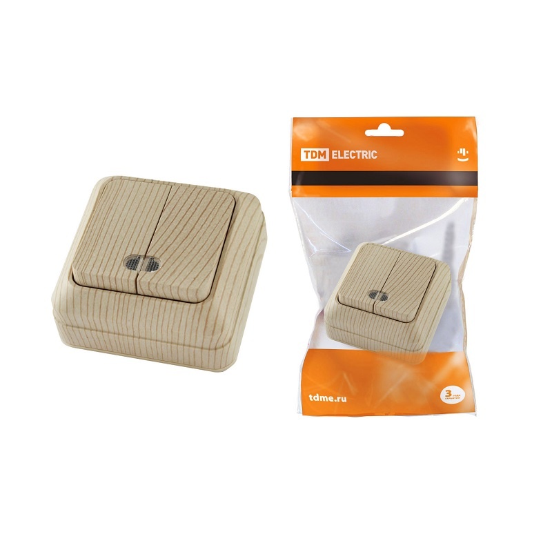 Выключатель о/у Ладога SQ1801-0046, 2 клавиши, с/инд, светлое дерево