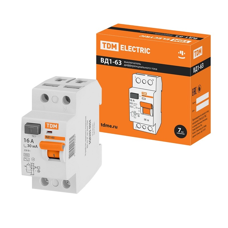 Устройство защитного отключения TDM ВД1-63, 16А, 30мА, тип АС, 2П