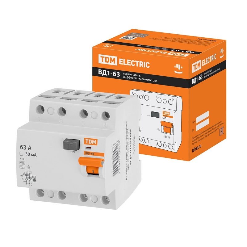 Устройство защитного отключения TDM ВД1-63, 63А, 30мА, тип АС, 4П