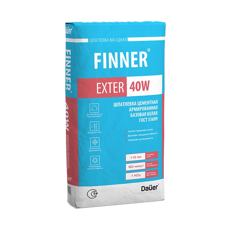 Шпатлевка цементная армированная базовая Dauer Finner Exter 40 W белая (25 кг)